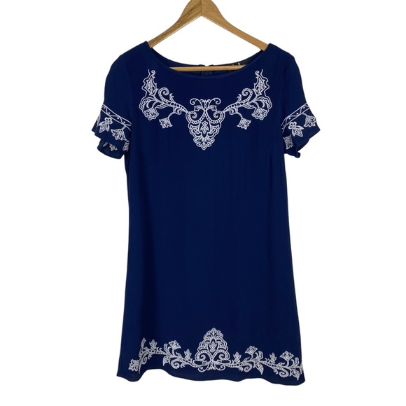 Lulu’s Navy Blue Dress Women’s Size S White Embroidery Lined Mini Short Sleeve - Picture 3 of 13